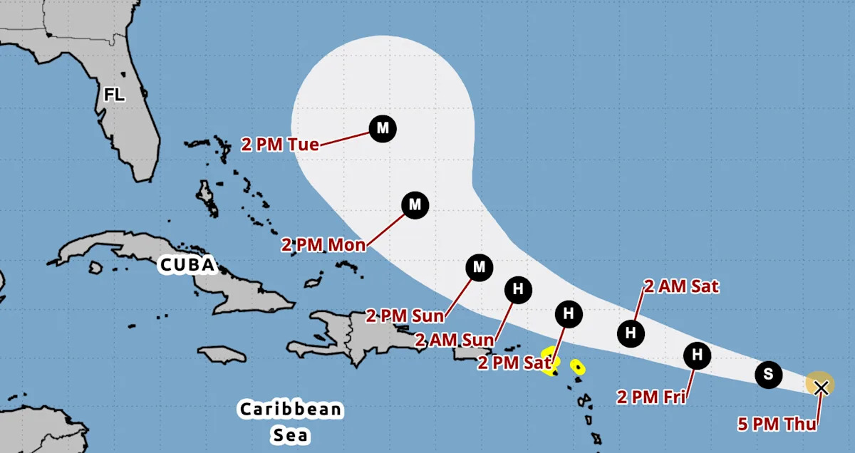 Forecast to strengthen into 1st Atlantic hurricane of 2025 by Friday, latest projected path prompts watches for northern Leeward Islands